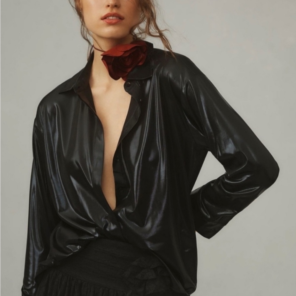 Anthropologie The Gillian Black Liquid Shine Button Down Top size XL